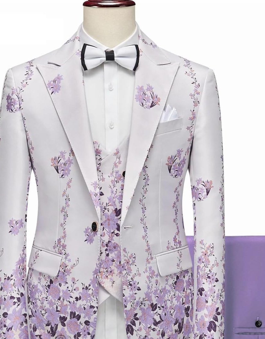 New Series Men Suits Blazer Beautiful Lilac Purple Floral Pattern Tuxedos 3 Pieces Formal Party Costume Homme Slim Fit