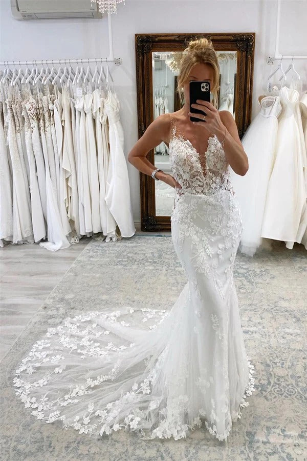 LORIE Elegant Mermaid Wedding Dress Spaghetti Strap Lace Appliques Bride Dresses Puff Tulle Wedding Bridal Gowns