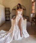 Bohemian Lace Applique Wedding Dresses A-line Sexy Mermaid Off The Shoulder Sleeveless High Slit Simple Mopping Bridal Gowns