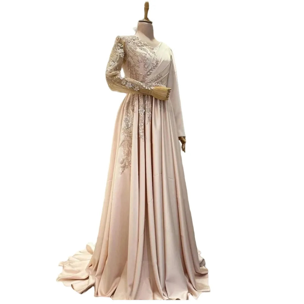 A-Line Pink Muslim Evening Dresses Long Luxury Beading Flowers Lace Women Formal Dress With Sleeves Satin Vestidos De Gala