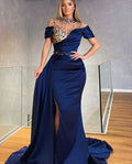 Royal Blue Mermaid Short Sleeve Evening Dresses Crystal Rhinestone High Neck Arabic Formal Prom Party Gown Vestidos De Gala