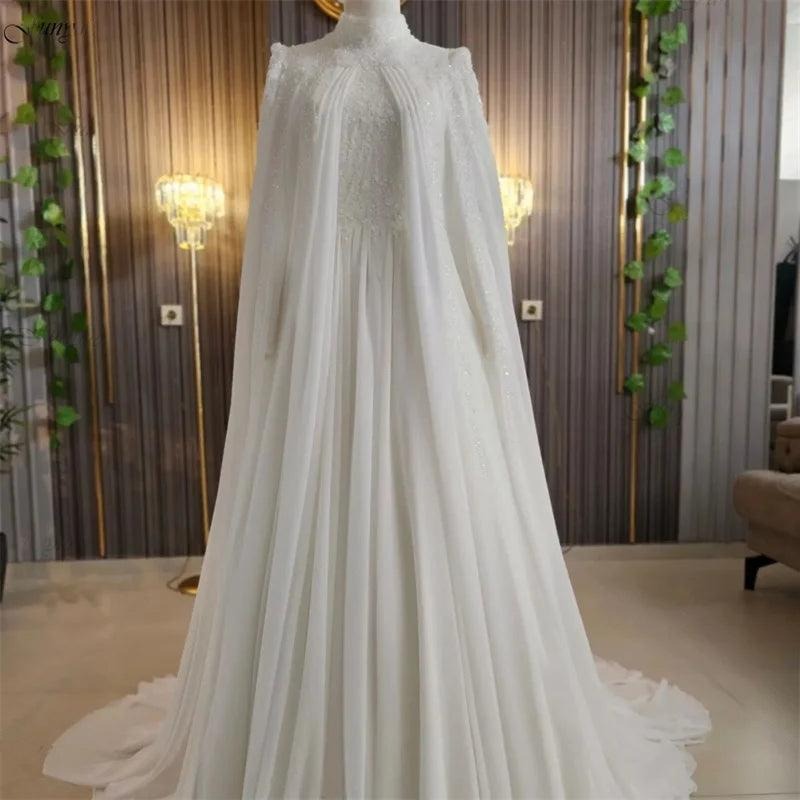 Elegant Long Sleeve Luxury Dubai Muslim Wedding Gown with Cape High Neck Beading Chiffon Bride Dress Vestido De Novia Boda Civil