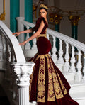 Sexy V Neck Burgundy Mermaid Morocco Caftan Evening Party Dress Gold Lace Velvet Prom Gowns Traditional Women Dresses