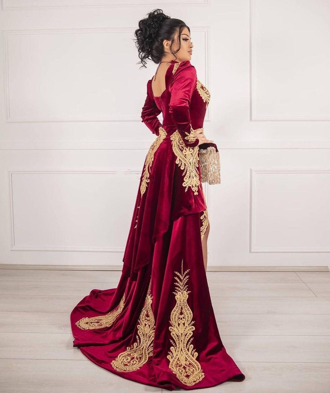 Velvet Long Sleeve Caftan Evening Dresses With Detachable Train Mermaid Prom Dress Evening Lace Formal Party Dress