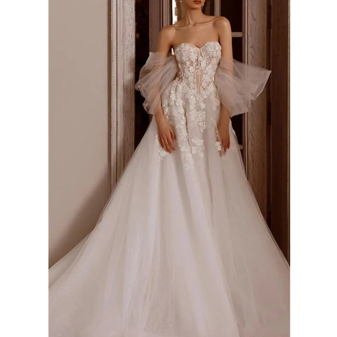 Exquisite Wedding Dresses A-Line Tulle Tiered Bridal Gowns Lace Appliques Off The Shoulder Robes Vintage Vestidos De Novia