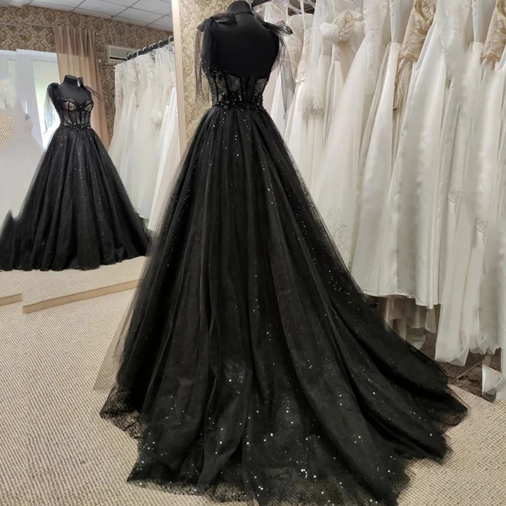 Gothic Black Wedding Dresses Sexy Ball Gown Prom Dresses Glitter Sweetheart Party Dresses فساتين السهرة Vestidos De Fiesta