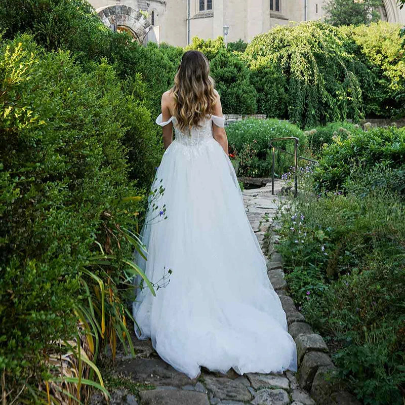 MACDOUGAL Sparkling Lace Ball Gown With Off-the-Shoulder Straps A-line Appliques Softly Scooped Neckline Corset Tulle Tea-length