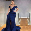 Royal Blue Mermaid Short Sleeve Evening Dresses Crystal Rhinestone High Neck Arabic Formal Prom Party Gown Vestidos De Gala royal blue