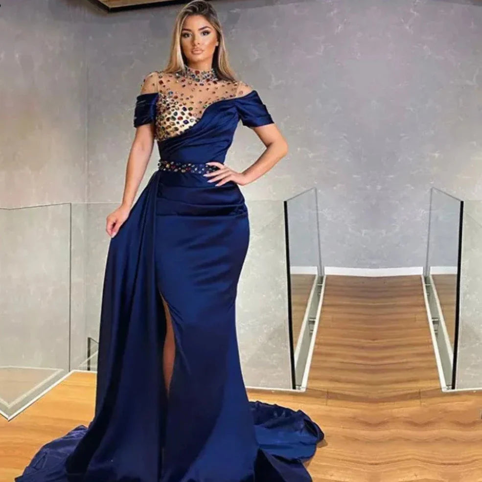 Royal Blue Mermaid Short Sleeve Evening Dresses Crystal Rhinestone High Neck Arabic Formal Prom Party Gown Vestidos De Gala royal blue