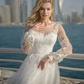 I OD Elegant Tulle A Line Appliques Wedding Dress V-Neck Lace Up Back Long Sleeve Floor Length Bridal Gown Button Robe De Mariee