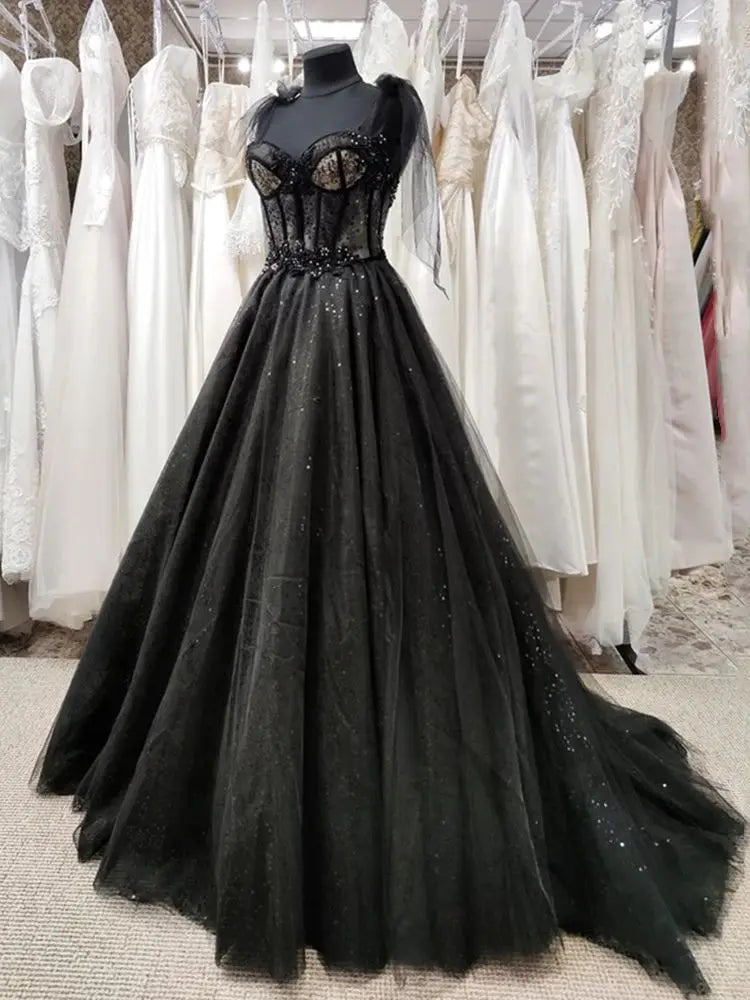 Gothic Black Wedding Dresses Sexy Ball Gown Prom Dresses Glitter Sweetheart Party Dresses فساتين السهرة Vestidos De Fiesta Black CN