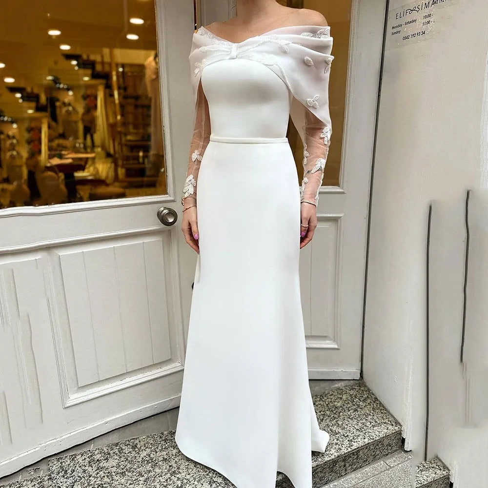 SoDigne Vintage Elastic Satin Wedding Dresses Modest Saudi Arabia Long Sleeves Bride Dress Lace Off the Shouder Wedding Gown