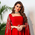 Red Satin A Line Caftan Evening Dresses Long Cape Beads Applique Embroidery Dubai Arabic Women Formal Prom Gowns