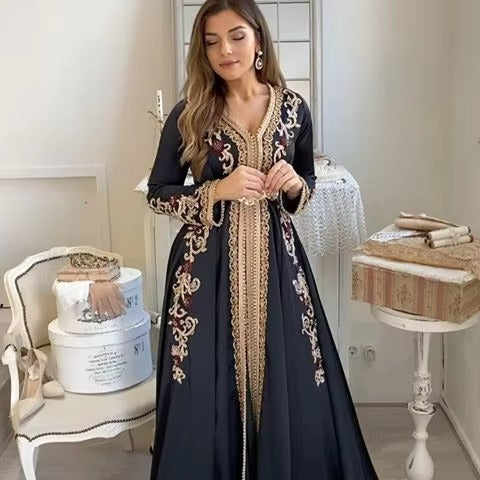 Moroccan Kaftan Evening Dresses Long Sleeves Lace Pattern Embroidery Formal Dress Navy Blue Floor Length Outfit