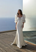 Exquisite Square Neck Satin Mermaid Wedding Dresses for Women Lace Appliques Backless Beach Bride Gown Puff Sleeves Floor Length