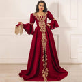 Red V Neck A Line Caftan Evening Dresses Flare Sleeve Gold Lace Prom Dress Front Split Formal Party Dress