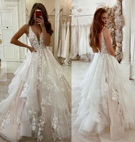 A Line Lace Bridal Gown With Tank Sleeve V Neck Long Wedding Dresses For Women Draped Bride Dress Robe De Marie