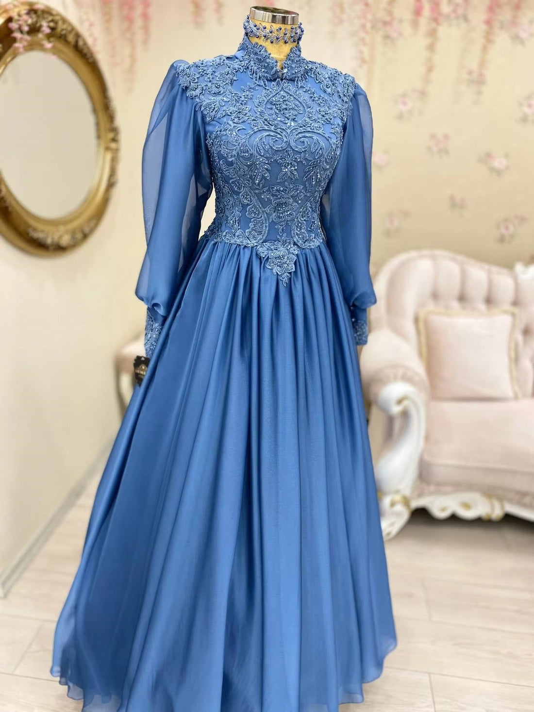 Elegant Blue Evening Dresses for Women Vestidos De Boda Invitada A-Line Lace Beaded Long Sleeves Muslim Formal Party Prom Blue