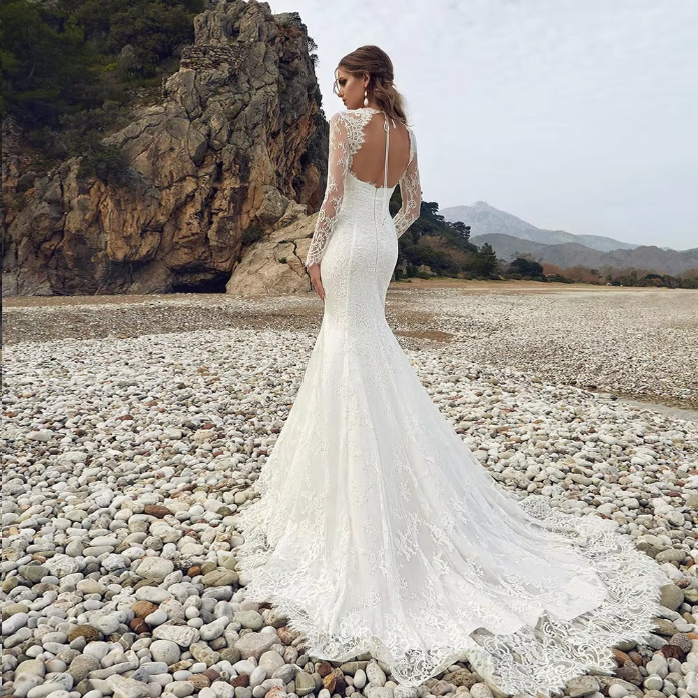 Challoner Luxury Mermaid Wedding Dress V-Neck Lace Appliques Long Sleeves Backless Bridal Gown Floor Length Vestidos De Novia