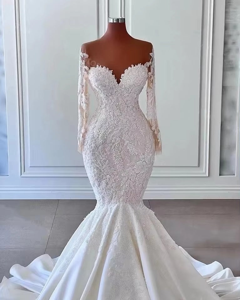 Chic Mermaid Wedding Dresses Women Elegant Sheer Long Sleeved Bridal Gowns Lace vestidos de novia Second Reception Dress