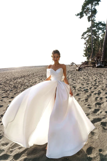 Sexy Beach Wedding Dresses Women Split Side One Shoulder Bride Dress Satin Wedding Gowns Summer Pleated Robe de Mariage