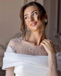 Elegant A line Wedding Dresses Illusion O Neck Long Sleeves Pearls Beads Detail designer Bridal Gowns Custom De Mariee