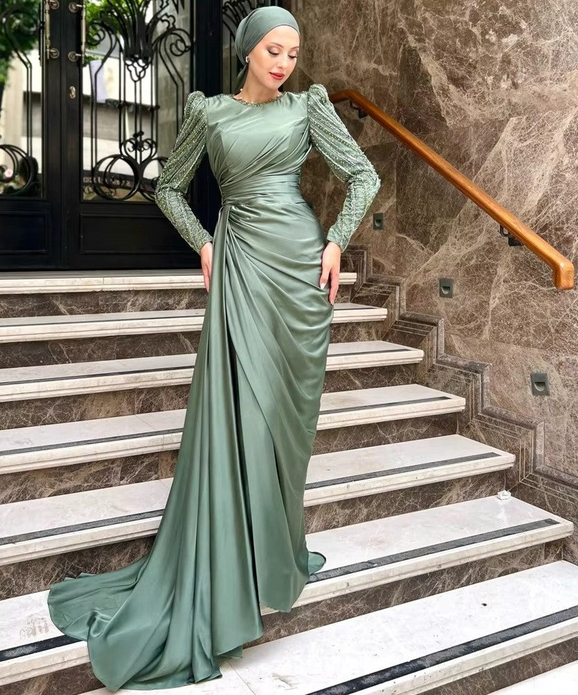 Muslim Mint Long Sleeve Formal Dress Arabic Hijab Evening Party Dresses Satin Beaded Vestido Fiesta Boda Invitada