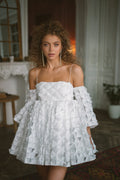 Short Wedding Dress with a Full Skirt and a Attached Train Princess White Satin Bridal Gowns Mermaid Vestido De Novia Bow Satin Court Train Mermaid Sleeves Modern