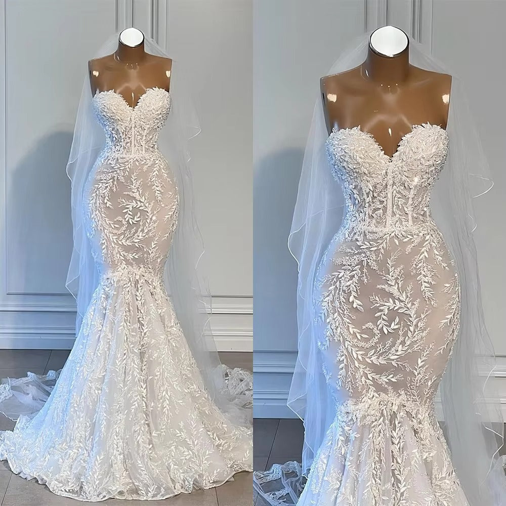 Glamorous Mermaid Wedding Dress Strapless Lace Appliques Bridal Gowns Custom Made Sleeveless Sweep Train Vestido de novia