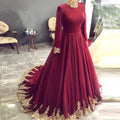 Long Sleeves Burgundy A Line Muslim Wedding Dresses 2024 High Neck with Train Arabic Bridal Gowns Vestidos de novia