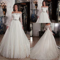 Vintage Boat Neck Tulle With Applique Lace A-line Long Sleeve Wedding Dress With Crystal Belt casamento Bride Dress 26W