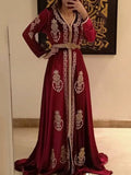 Chiffon Moroccan caftan Evening Dresses Long Sleeves V Neck Muslim Special Occasion Dress Crystal Evening Party Gown Burgundy