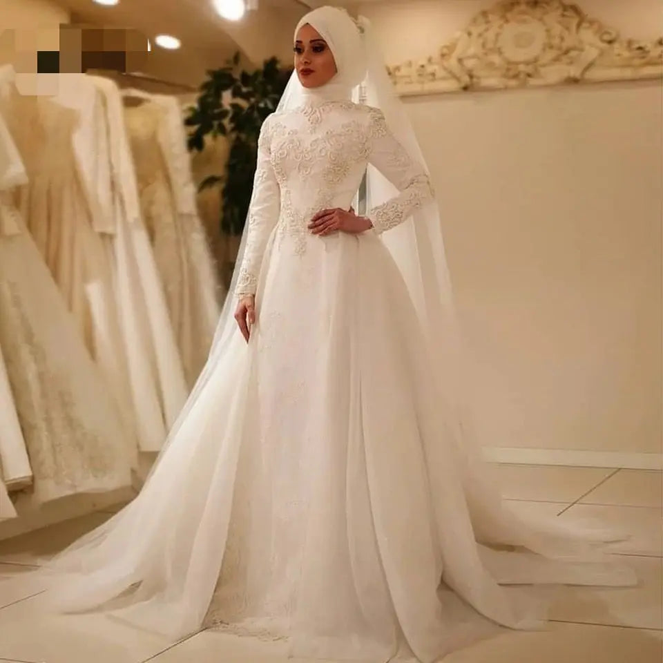 New Vestido De Noiva Elegant Long Sleeve O Neck Muslim Wedding Dresses Tulle Zipper Back Lace Islamic Wedding Gowns Ivory