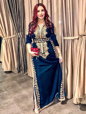 Morocco Caftan Evening Dresses Side Split Mermaid Prom Dress Velvet Long Sleeve Formal Evening Party Dress NAVY Blue