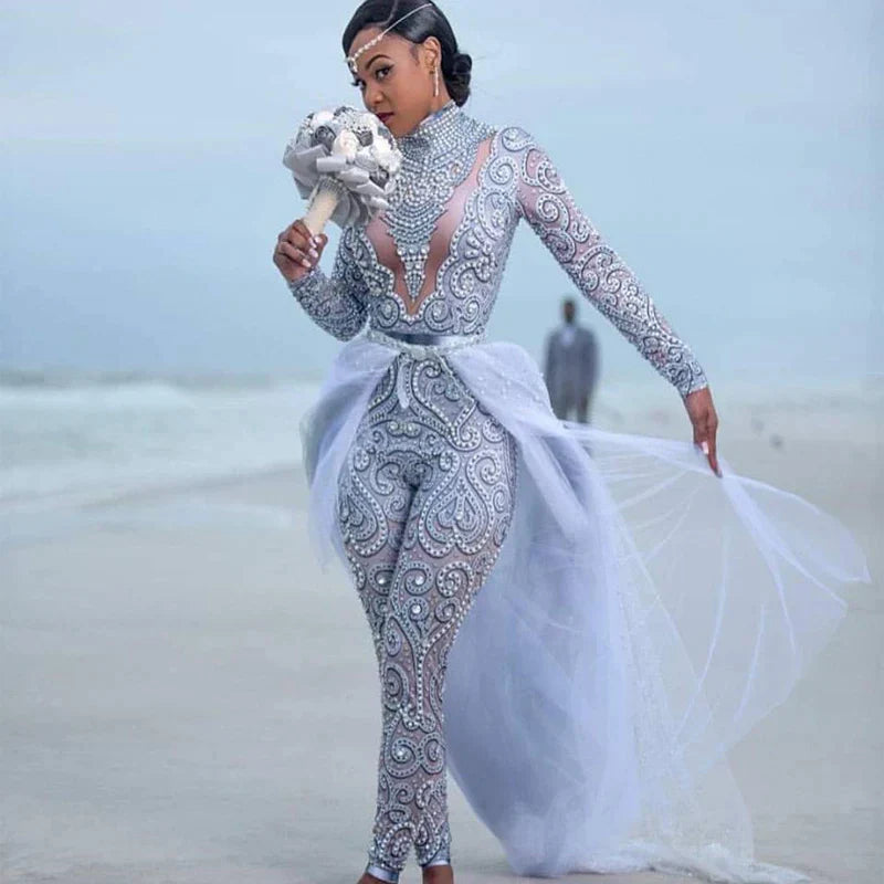 Plus Size Jumpsuits Wedding Dresses Bridal Gowns High Neck Beading Long Sleeve Bride Wear With Detachable Train