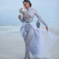 Plus Size Jumpsuits Wedding Dresses Bridal Gowns High Neck Beading Long Sleeve Bride Wear With Detachable Train 24W