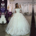 New Ball Wedding Dress Boat Neck Full Sleeve Lace Appliques Floor Length Sweep Train Gorgeous Bridal Gown Custom Made