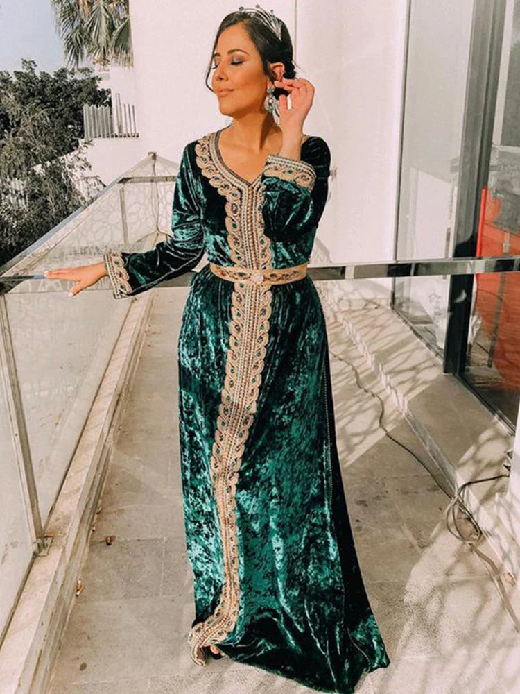 Green Morocco Caftan Evening Dresses V Neck Lace Outfit Dubai Prom Dress Velvet Long Sleeve Formal Evening Party Dress green