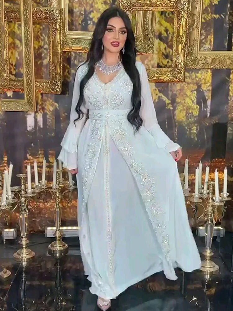 Ivory Chiffon Moroccan Caftan Evening Dress Beads Lace Long Sleeve Arabic Prom Gowns Muslim Party Dress Plus Size