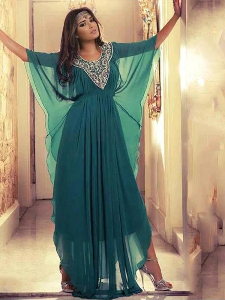 Hunter Green Evening Dresses Chiffon A Line Caftan Arabic Prom Dresses Plus Size Evening Party Gowns