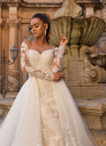 Luxury Mermaid Wedding Dresses O-neck Long Sleeve Appliques Detachable Train 2 In 1 Lace Bridal Gowns Vestidos De Novia