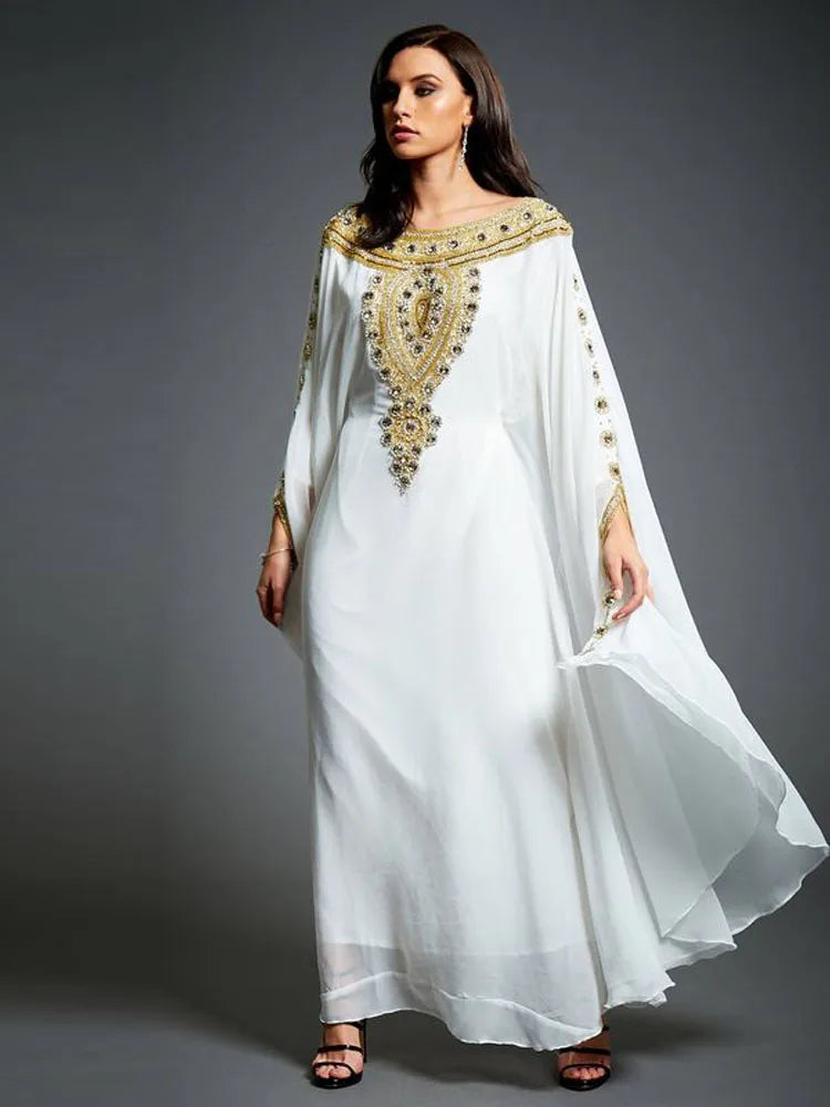 Dubai Moroccan Kaftan White Evening Dress Gold Lace Applique Beaded Blue Black Evening Gown Plus Size Formal Maxi Dress WHITE