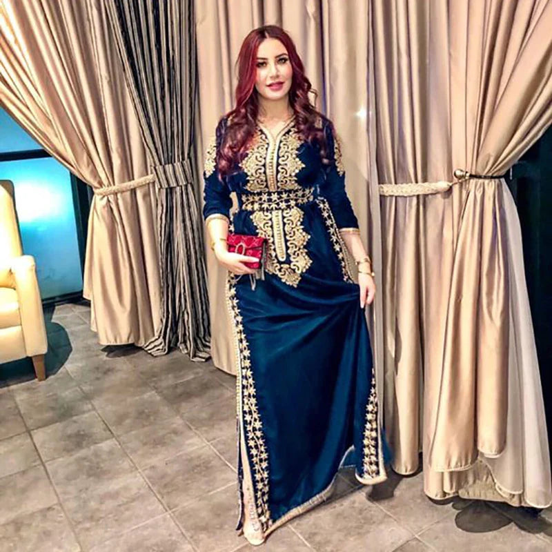 Morocco Caftan Evening Dresses Side Split Mermaid Prom Dress Velvet Long Sleeve Formal Evening Party Dress NAVY Blue