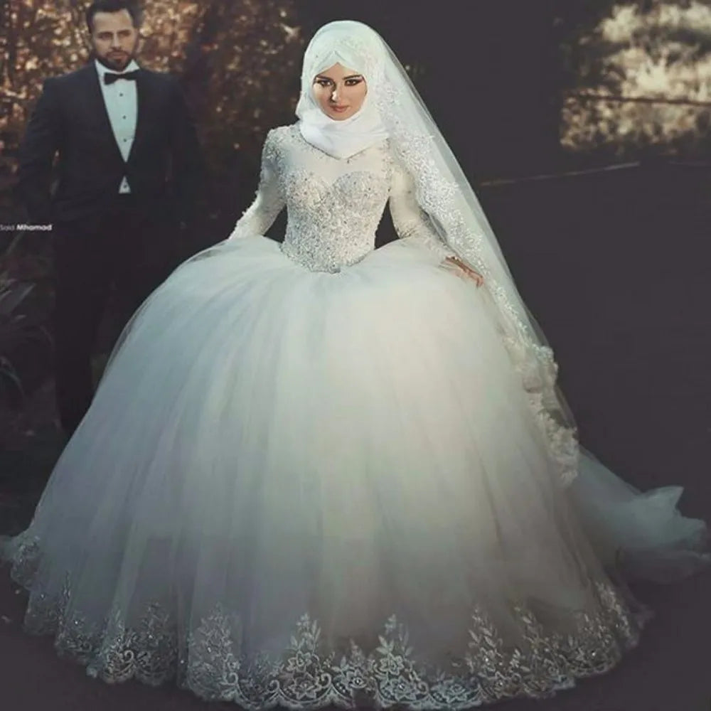 Vestido De Noiva Vintage Lace Long Sleeve Arab Muslim Wedding Dress Elegant Tulle Appliques Wedding Bridal Gowns Plus Size White