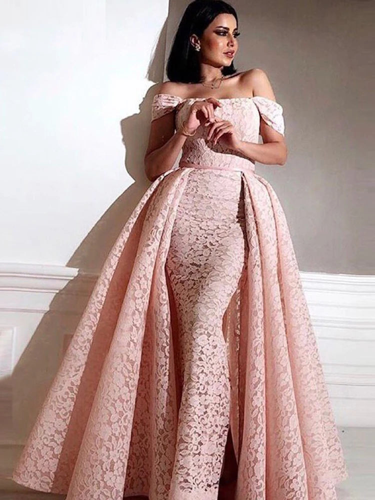 Lace Pink Moroccan caftan Off The Should Evening Dress With Detachable Train Sexy Formal Party Dress