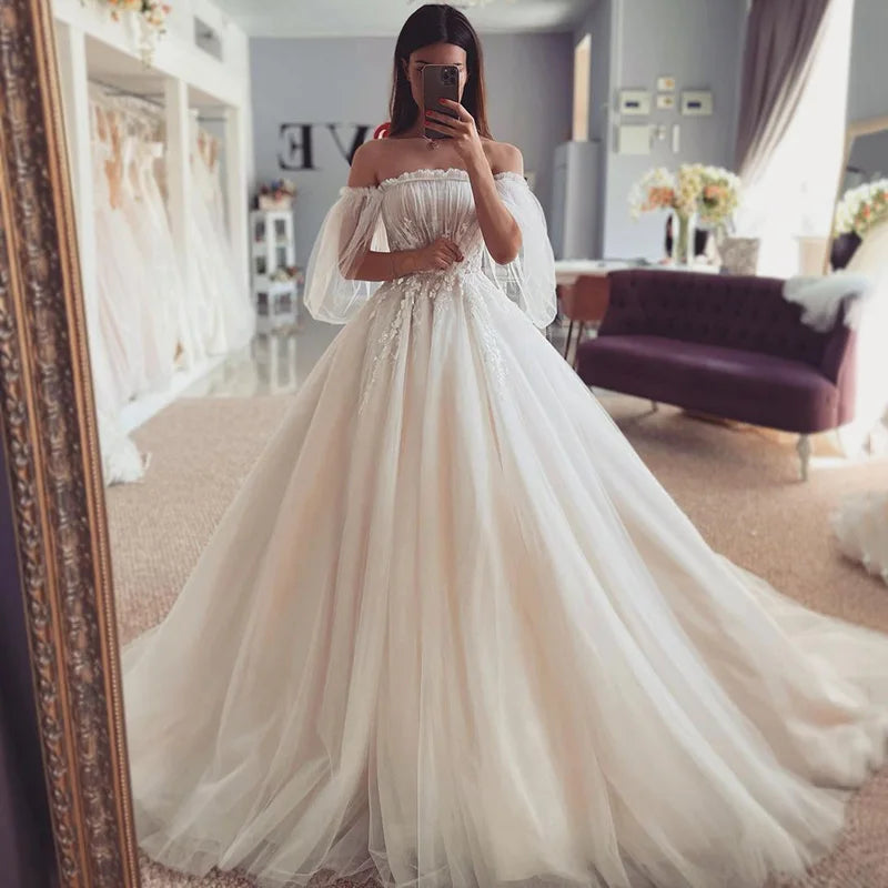 Fairy Boho Wedding Dresses Puff Sleeve Princess Vintage Bride Dress Lace Wedding Gowns Corset Back Strapless Robe de Mariee