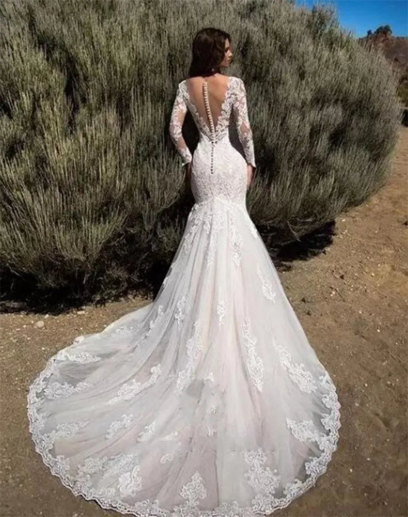 Sexy Sweetheart Mermaid Wedding Dress Full Long Sleeves Buttons Back Lace Applique Bride Gown Vestidos De Novia robe mariée Off White