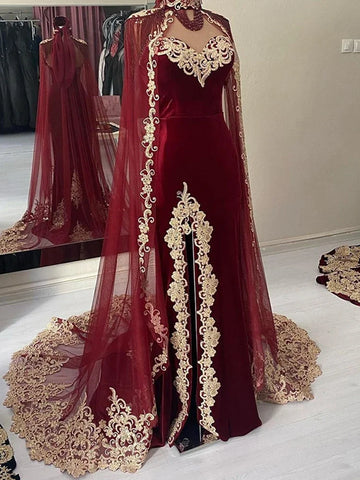 Burgundy Karakou Algerian Caftan Mermaid Evening Dresses With Lace Shawal Prom Dress Party Gowns Burgundy