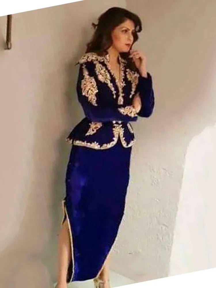 Royal Blue Karakou Algerian Caftan Evening Dresses Velvet Long Sleeve 3 Peices Detachable Belt Dubai Prom Party Gowns