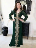 Dark Green Moroccan caftan Evening Dresse Long Sleevees Party Gowns Appliqued Lace Muslim Special Occasion Dress